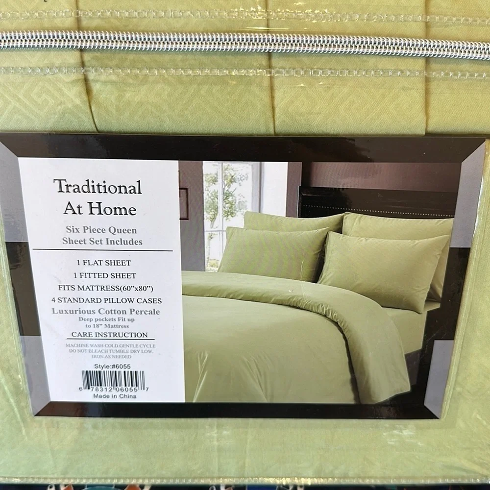Traditional at Home 6pc Queen Sheet Set mint green Embossed Greek maze key